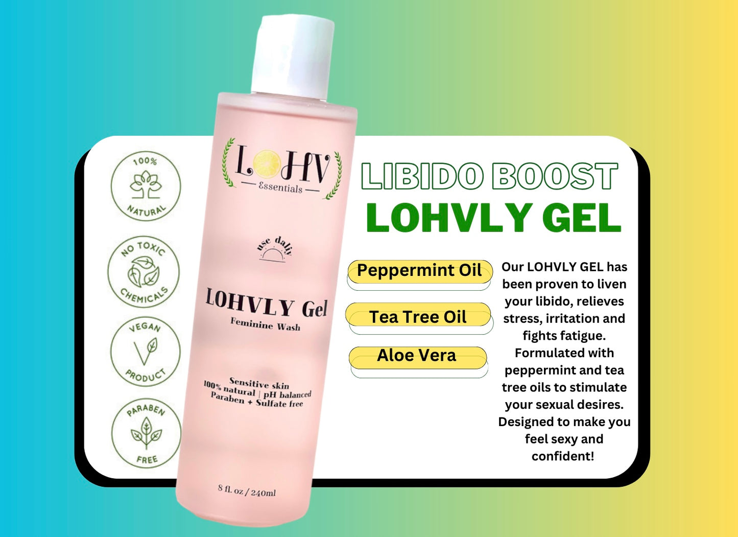 LOHVLY GEL Vegan Feminine Wash/Shower Gel, Relieve Stress and Cleanse Vulva with Tea Tree Oil + Chamomile + Aloe vera Oil