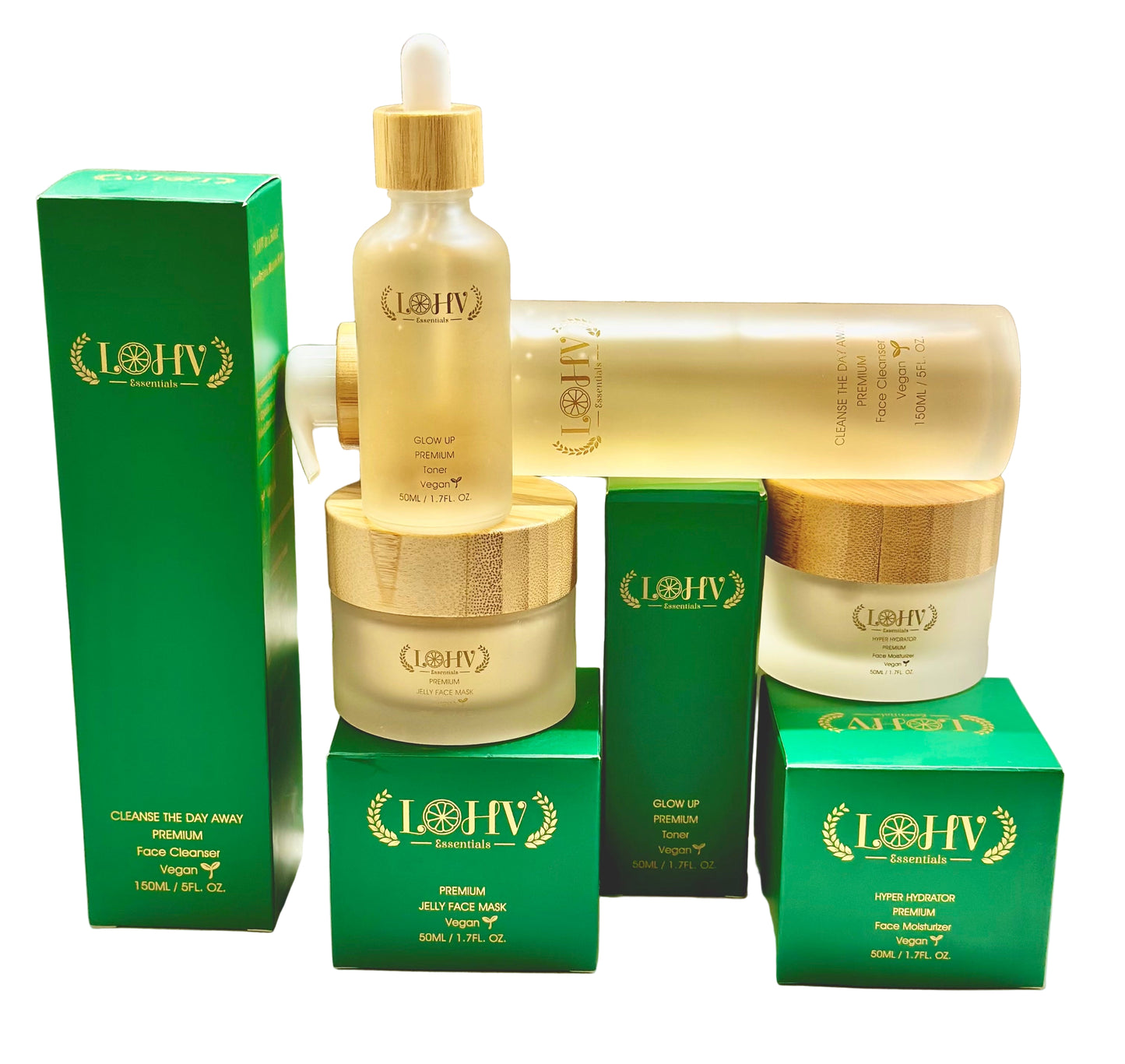 4 STEP PREMIUM 100% VEGAN SKINCARE SOLUTION SYSTEM With Rosemary + Hyaluronic acid + Vitamin C + Retinol + Lactic acid + Glycolic acid + Vitamin E + Niacinamide + Kombucha + Aloe vera