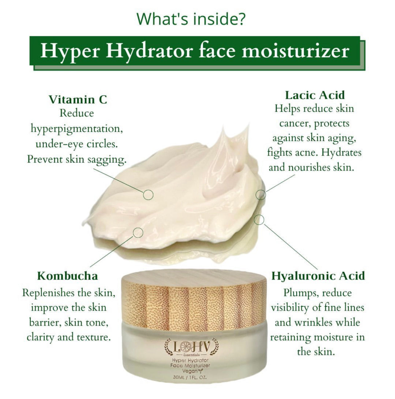 PREMIUM 100% VEGAN HYPER HYDRATOR Face Moisturizer With SPF 30 + Hyaluronic Acid + Lactic acid + Vitamin C + Kombucha